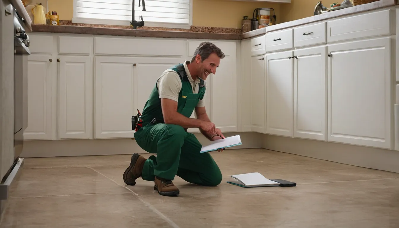 Friendly pest control provider inspecting a kitchen baseboard with a homeowner in a Winter Park home